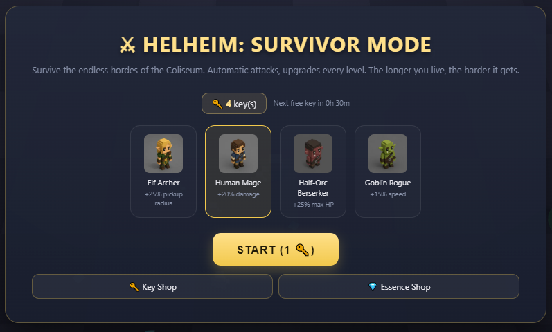 Helheim Survivor Mode class select screen